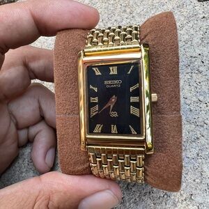 Seiko Gold and Black Rectangular Mesh Watch